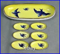 Vintage NIPPON Porcelain BLUE BIRD Hand Painted CANOE Yellow TRAY With Dishes