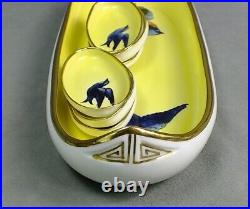 Vintage NIPPON Porcelain BLUE BIRD Hand Painted CANOE Yellow TRAY With Dishes