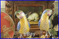 Vintage PAIR Majolica Style Ceramic Parrots Birds Figurines Statues 11 Tall