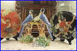 Vintage PAIR Majolica Style Ceramic Parrots Birds Figurines Statues 11 Tall