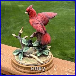 Vintage PORCELAIN Figurine Cardinal by Andrea Sadek W Wood Base