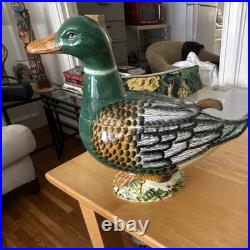 Vintage-Painted Ceramic Duck soup tureen with Spoon, signed by artist, Italian