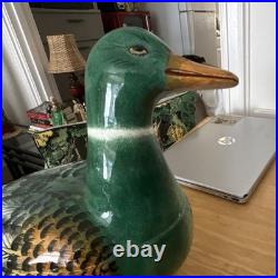 Vintage-Painted Ceramic Duck soup tureen with Spoon, signed by artist, Italian
