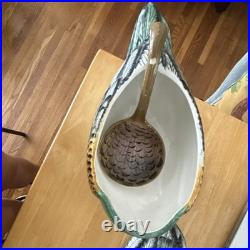 Vintage-Painted Ceramic Duck soup tureen with Spoon, signed by artist, Italian