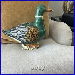 Vintage-Painted Ceramic Duck soup tureen with Spoon, signed by artist, Italian