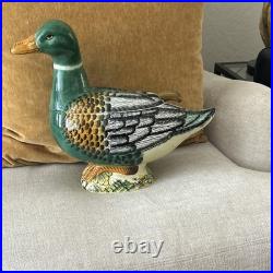 Vintage-Painted Ceramic Duck soup tureen with Spoon, signed by artist, Italian