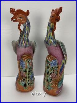 Vintage Pair Chinese Famille Rose Porcelain Phoenix Birds 11.5 Hand Painted