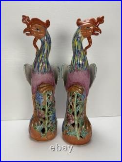 Vintage Pair Chinese Famille Rose Porcelain Phoenix Birds 11.5 Hand Painted