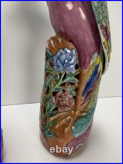 Vintage Pair Chinese Famille Rose Porcelain Phoenix Birds 11.5 Hand Painted