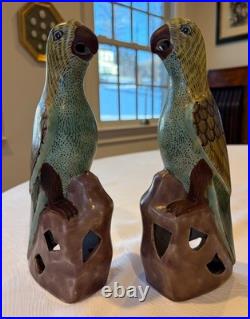 Vintage Pair of Chinese Export Parrots with Yellow, Purple & Mint Green Figures