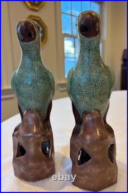 Vintage Pair of Chinese Export Parrots with Yellow, Purple & Mint Green Figures