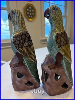 Vintage Pair of Chinese Export Parrots with Yellow, Purple & Mint Green Figures
