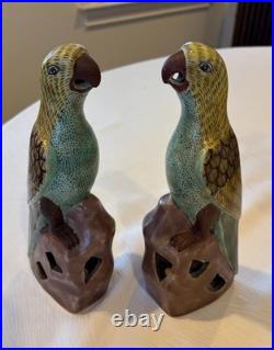 Vintage Pair of Chinese Export Parrots with Yellow, Purple & Mint Green Figures
