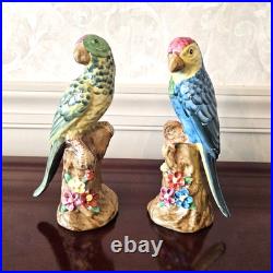 Vintage Pair of Majolica Parrots Figurines Green & Yellow Red & Blue Birds