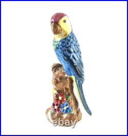 Vintage Pair of Majolica Parrots Figurines Green & Yellow Red & Blue Birds