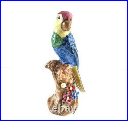 Vintage Pair of Majolica Parrots Figurines Green & Yellow Red & Blue Birds