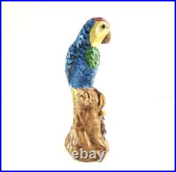 Vintage Pair of Majolica Parrots Figurines Green & Yellow Red & Blue Birds