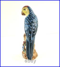 Vintage Pair of Majolica Parrots Figurines Green & Yellow Red & Blue Birds