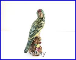 Vintage Pair of Majolica Parrots Figurines Green & Yellow Red & Blue Birds