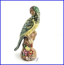 Vintage Pair of Majolica Parrots Figurines Green & Yellow Red & Blue Birds