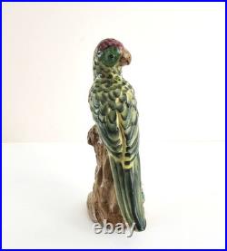 Vintage Pair of Majolica Parrots Figurines Green & Yellow Red & Blue Birds