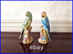 Vintage Pair of Majolica Parrots Figurines Green & Yellow Red & Blue Birds