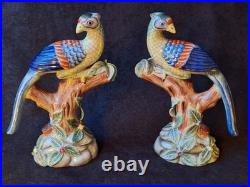 Vintage Parrots Glazed Porcelain On A Tree Branch Figurines Pair 9