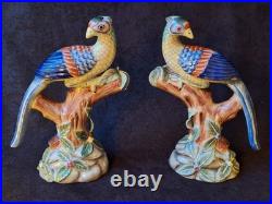 Vintage Parrots Glazed Porcelain On A Tree Branch Figurines Pair 9