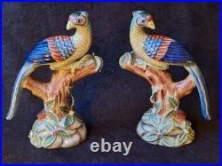 Vintage Parrots Glazed Porcelain On A Tree Branch Figurines Pair 9