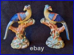 Vintage Parrots Glazed Porcelain On A Tree Branch Figurines Pair 9