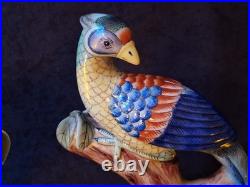Vintage Parrots Glazed Porcelain On A Tree Branch Figurines Pair 9