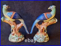 Vintage Parrots Glazed Porcelain On A Tree Branch Figurines Pair 9