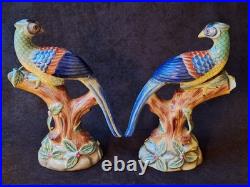 Vintage Parrots Glazed Porcelain On A Tree Branch Figurines Pair 9