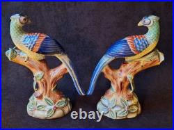 Vintage Parrots Glazed Porcelain On A Tree Branch Figurines Pair 9