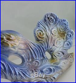 Vintage Peacock Figurine MID Century Majolica Iridescent Blue Birds Statue
