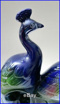 Vintage Peacock Figurine Mid Century Majolica Iridescent Blue Birds Statue