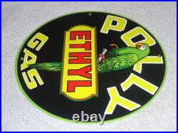 Vintage Polly Ethyl Gas? Parrot Bird Oil 11 3/4 Porcelain Metal Gasoline Sign