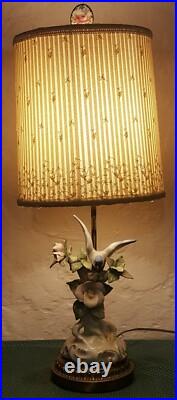 Vintage Porcelain Bird Sitting On Pink Flowers With Brass Lamp Base Diane Shade