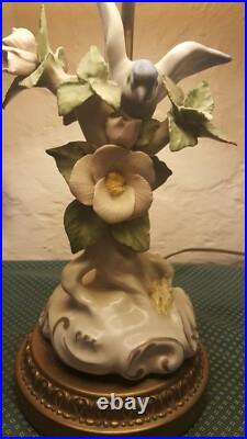 Vintage Porcelain Bird Sitting On Pink Flowers With Brass Lamp Base Diane Shade