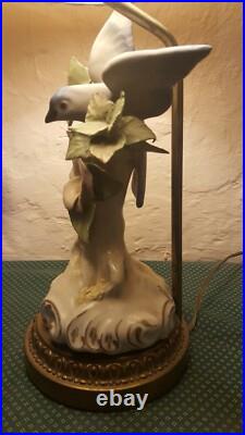 Vintage Porcelain Bird Sitting On Pink Flowers With Brass Lamp Base Diane Shade