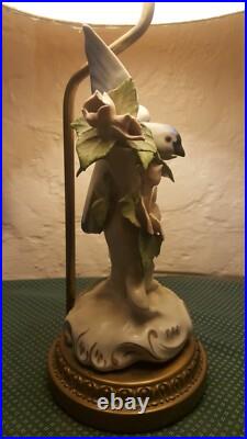 Vintage Porcelain Bird Sitting On Pink Flowers With Brass Lamp Base Diane Shade