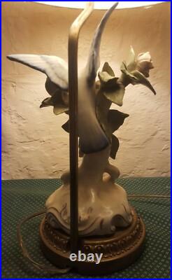 Vintage Porcelain Bird Sitting On Pink Flowers With Brass Lamp Base Diane Shade