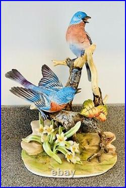 Vintage RARE Porcelain Statue Figures Andrea Sadek Blue Birds On Branch Rocks