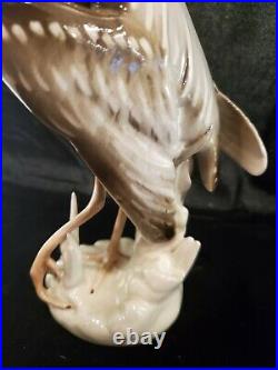 Vintage Royal Dux Heron/Crane Bird in Reeds with Fish Porcelain Figurine Statue