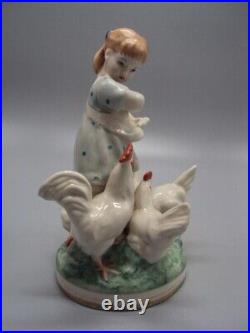 Vintage Statue Figurine Porcelain Minsk Girl Feeding Chickens Birds Hallmark Old