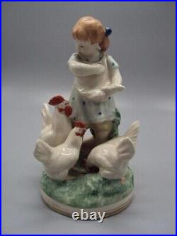 Vintage Statue Figurine Porcelain Minsk Girl Feeding Chickens Birds Hallmark Old