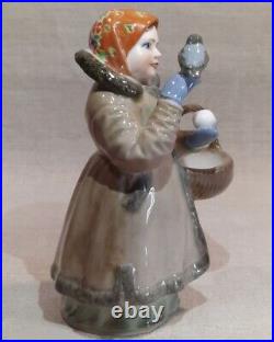 Vintage USSR Porcelain Figurine Figure Girl with Basket Statue Bird Rare Decor