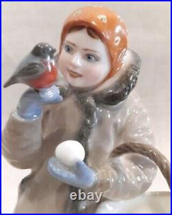 Vintage USSR Porcelain Figurine Figure Girl with Basket Statue Bird Rare Decor