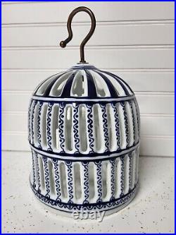 Vintage Victorian Blue & White Porcelain Bird Cage Decor