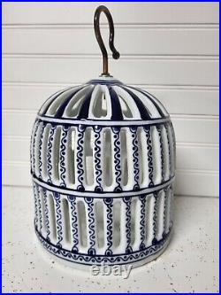 Vintage Victorian Blue & White Porcelain Bird Cage Decor